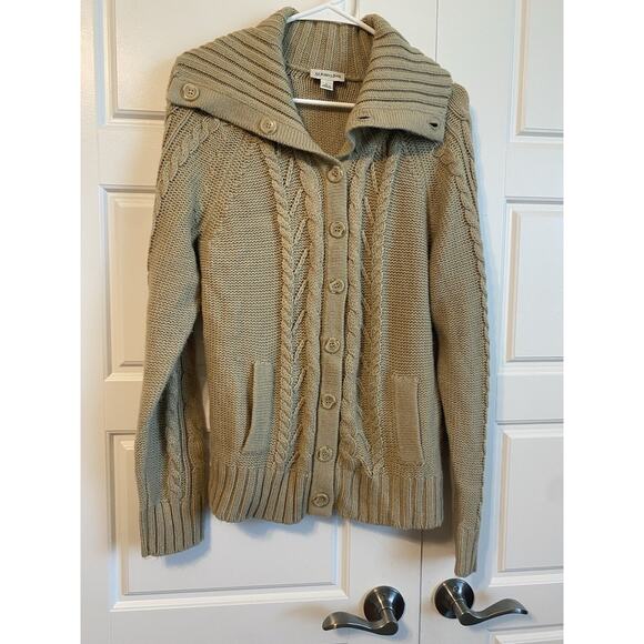 St. Johns Bay Women’s Sz L Cardigan Sweater Khaki Long Sleeve Collar Cable Knit - Picture 1 of 12